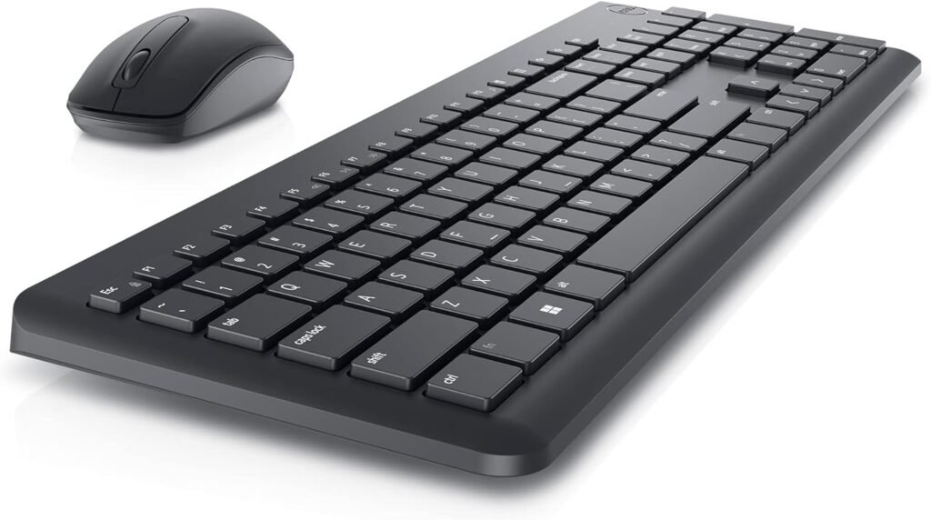 Dell Wireless Keyboard and Mouse - KM3322W, Wireless - 2.4GHz, Optical LED Sensor, Mechanical Scroll, Anti-Fade Plunger Keys, 6 Multimedia Keys, Tilt Leg - Black