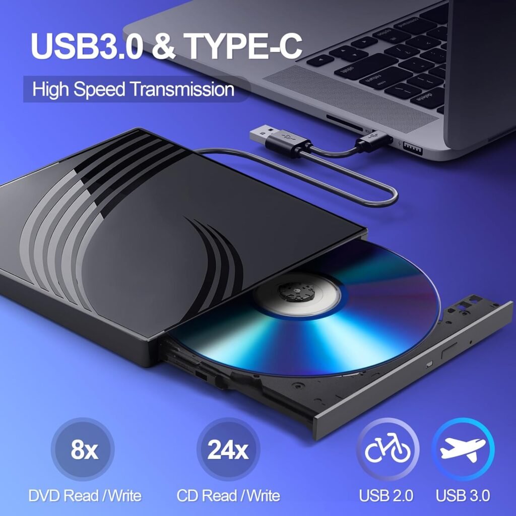 External CD/DVD Drive for Laptop, DVD Player for Laptop, 8 in 1 USB 3.0 Ultra-Slim Portable, CD Burner External Disk Drive Optical Compatible with Laptop Desktop Mac,Windows 11/10/8/7 Linux