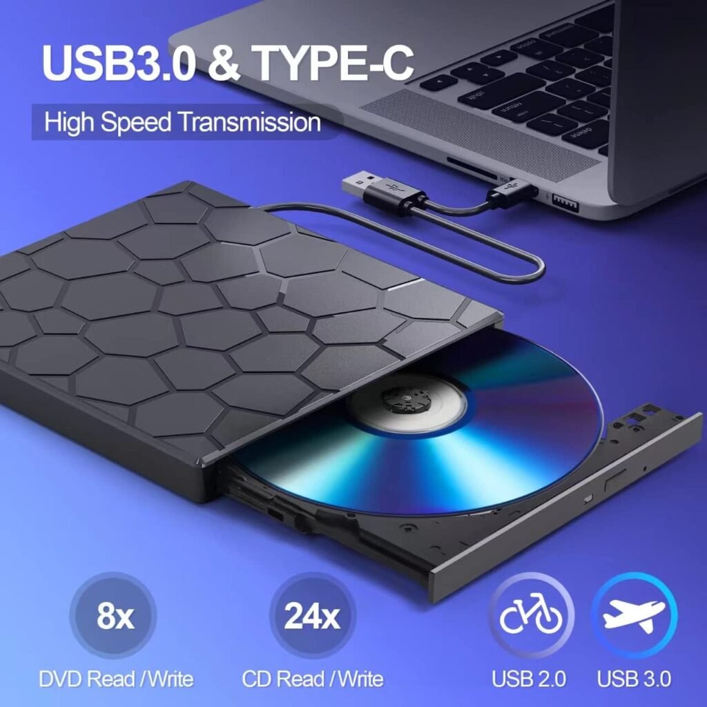 External CD/DVD Drive for Laptop, DVD Player for Laptop, 8 in 1 USB 3.0 Ultra-Slim Portable, CD Burner External Disk Drive Optical Compatible with Laptop Desktop Mac,Windows 11/10/8/7 Linux