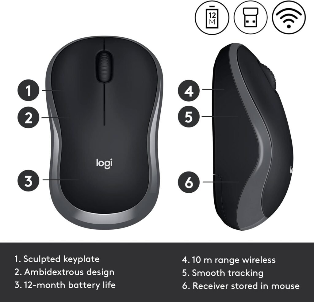 Logitech M185 Wireless Mouse, 2.4GHz with USB Mini Receiver, 12-Month Battery Life, 1000 DPI Optical Tracking, Ambidextrous PC/Mac/Laptop - Swift Gray