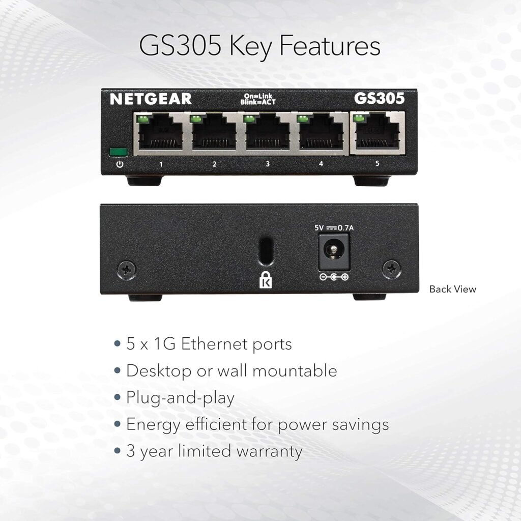 NETGEAR 5-Port Gigabit Ethernet Unmanaged Switch (GS305) - Home Network Hub, Office Ethernet Splitter, Plug-and-Play, Silent Operation, Desktop or Wall Mount