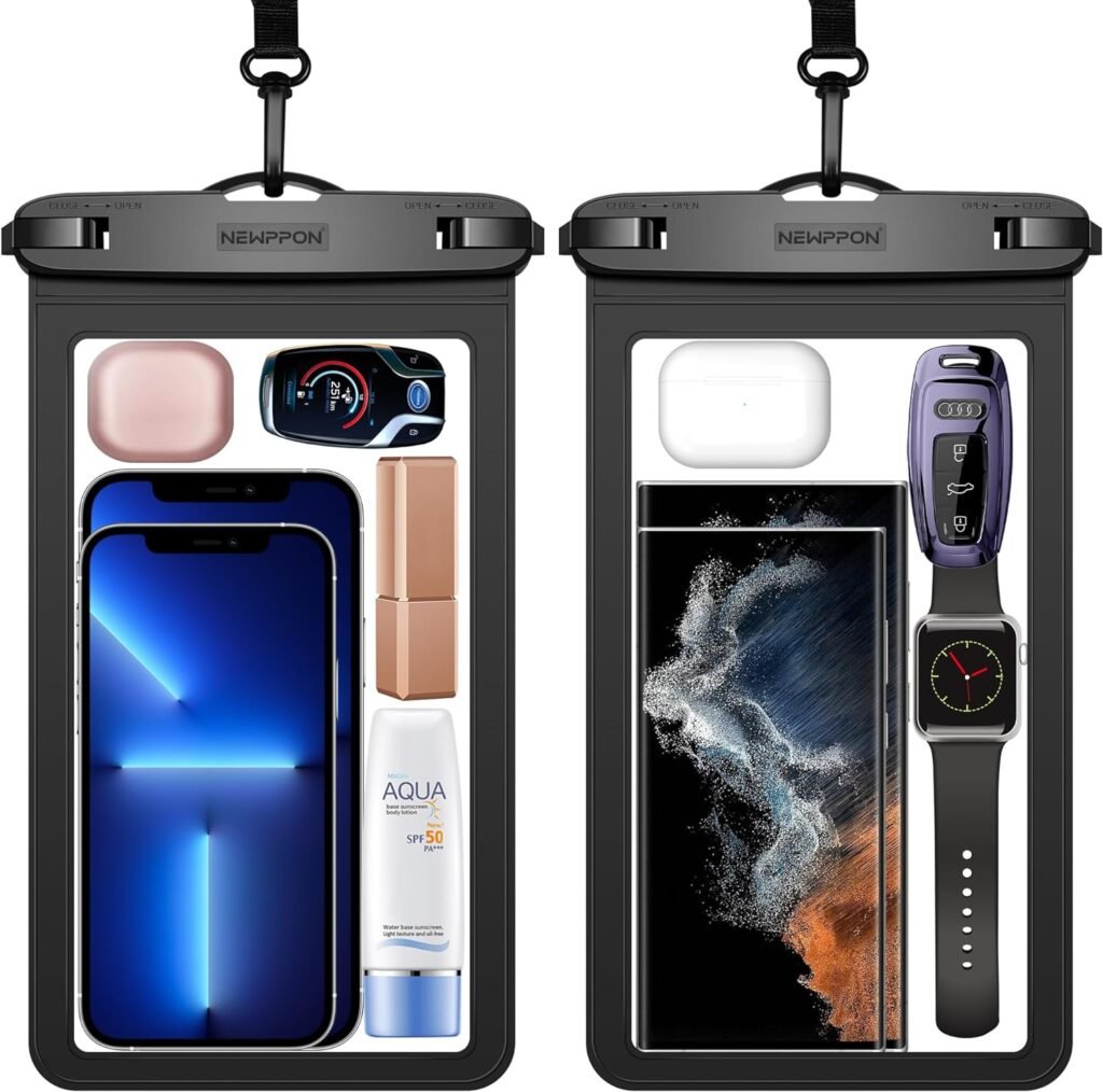 newppon Large Waterproof Phone Pouch : 2 Pack Underwater Clear Cellphone Holder - Universal Water-Resistant Dry Bag Case with Neck Lanyard for iPhone Samsung Galaxy for Beach Swimming Pool