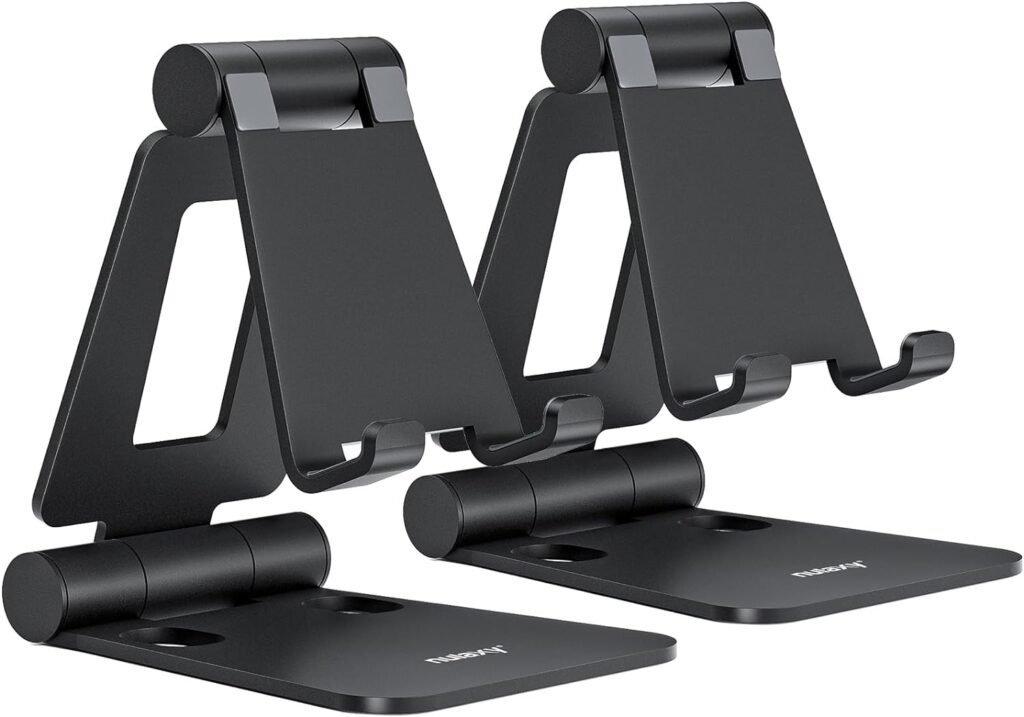 Nulaxy 2 Pack Dual Folding Cell Phone Stand, Fully Adjustable Foldable Desktop Phone Holder Cradle Dock Compatible with Phone 14 13 12 Pro Xs Xs Max Xr X 8, All Phones, Black