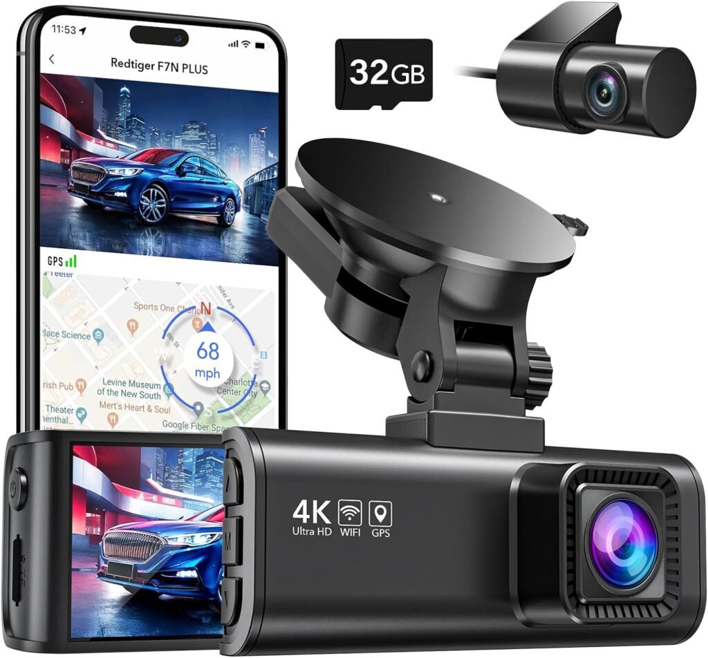 REDTIGER Dash Cam Front Rear, 4K/2.5K Full HD Dash Camera for Cars, Free 32GB Card, Built-in Wi-Fi GPS, 3.16” IPS Screen, Night Vision, 170°Wide Angle, WDR, 24H Parking Mode