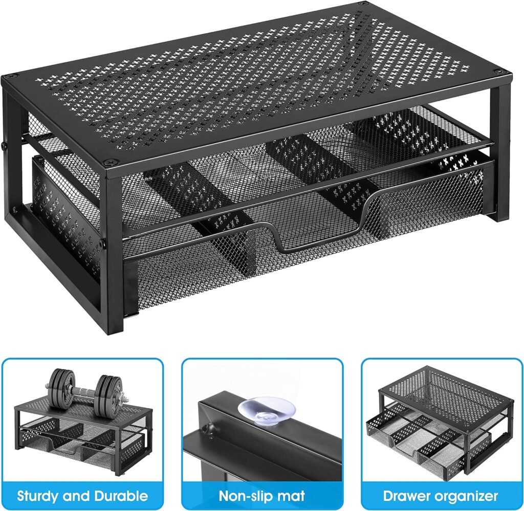 Simple Trending-Metal Monitor Stand Riser and Computer Desk Organizer with Drawer for Laptop, Computer, iMac, Black