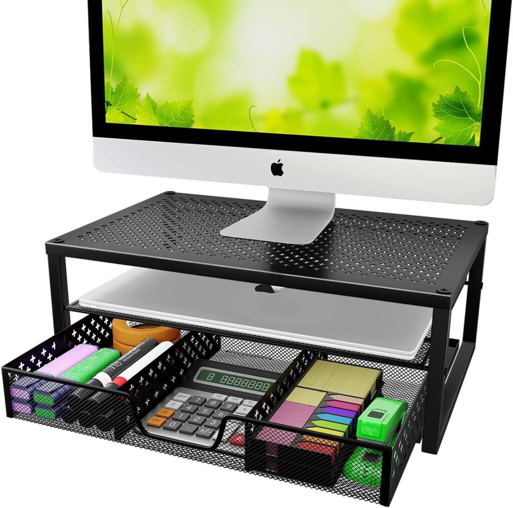 Simple Trending-Metal Monitor Stand Riser and Computer Desk Organizer with Drawer for Laptop, Computer, iMac, Black