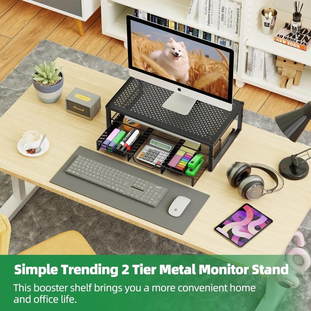 Simple Trending-Metal Monitor Stand Riser and Computer Desk Organizer with Drawer for Laptop, Computer, iMac, Black