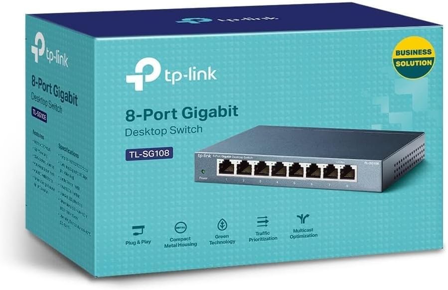 TP-Link TL-SG108 8 Port Gigabit Unmanaged Ethernet Network Switch, Ethernet Splitter Plug  Play Fanless Metal Design Shielded Ports Traffic Optimization